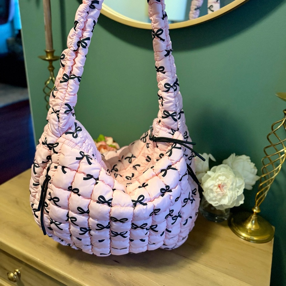 NWOT Katydid Pink Quilted Shoulder Bag with Black Bow Accents